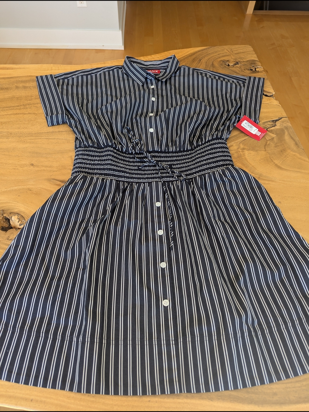 SPANX Navy and White Striped Button-Front Dress